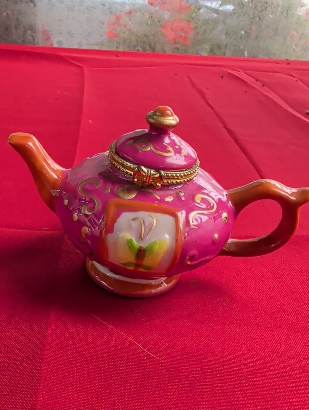 Handcrafted Pink and Orange Ceramic Teapot Accent with Gold Detail